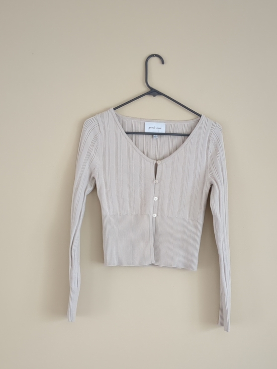 Pink Rose Sweaters - Small Pink Rose Ribbed Oatmeal Long Sleeve Cardigan